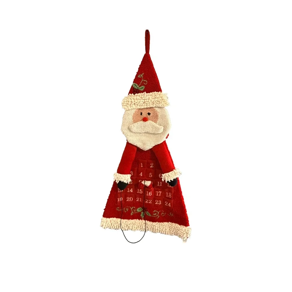 Santa Advent Calendar Wall Hanging 24 Pockets Folk Art Shaggy Hooked Style